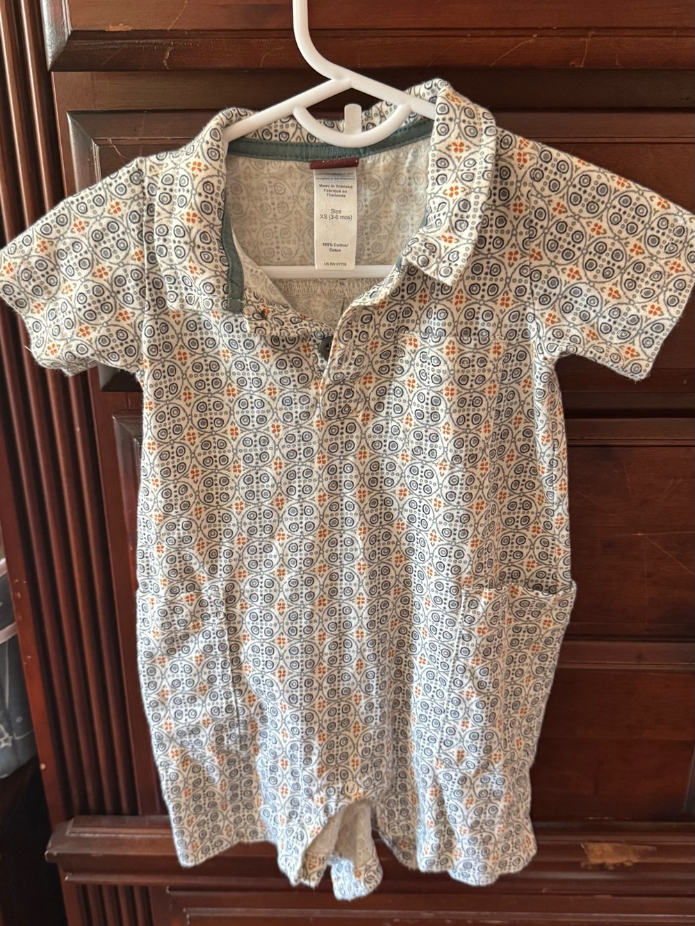 Short-Sleeve Polo One-Piece Romper in Blue & Cream Geometric Print